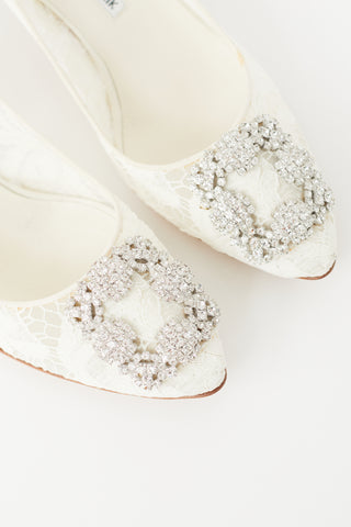 Manolo Blahnik Cream Hangisi Lace & Crystal Heel