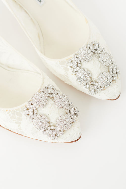 Manolo Blahnik Cream Hangisi Lace & Crystal Heel