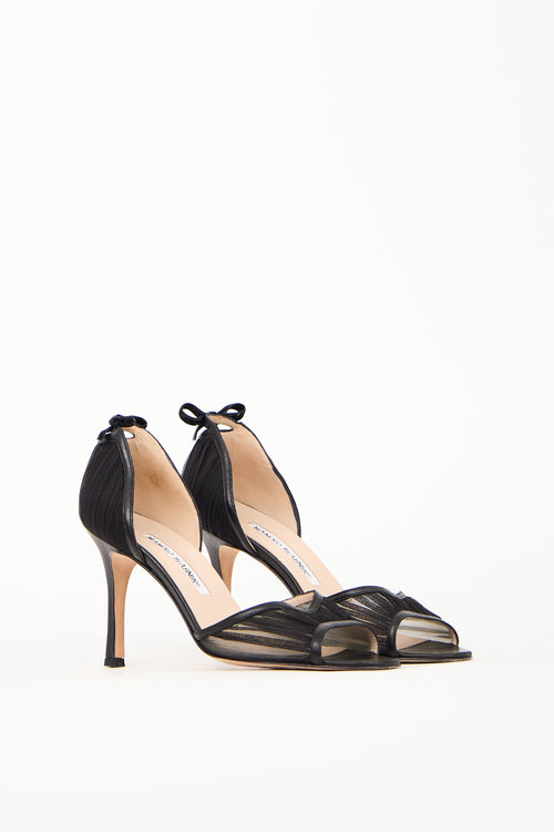 Manolo Blahnik Black Leather & Mesh Bow Heel