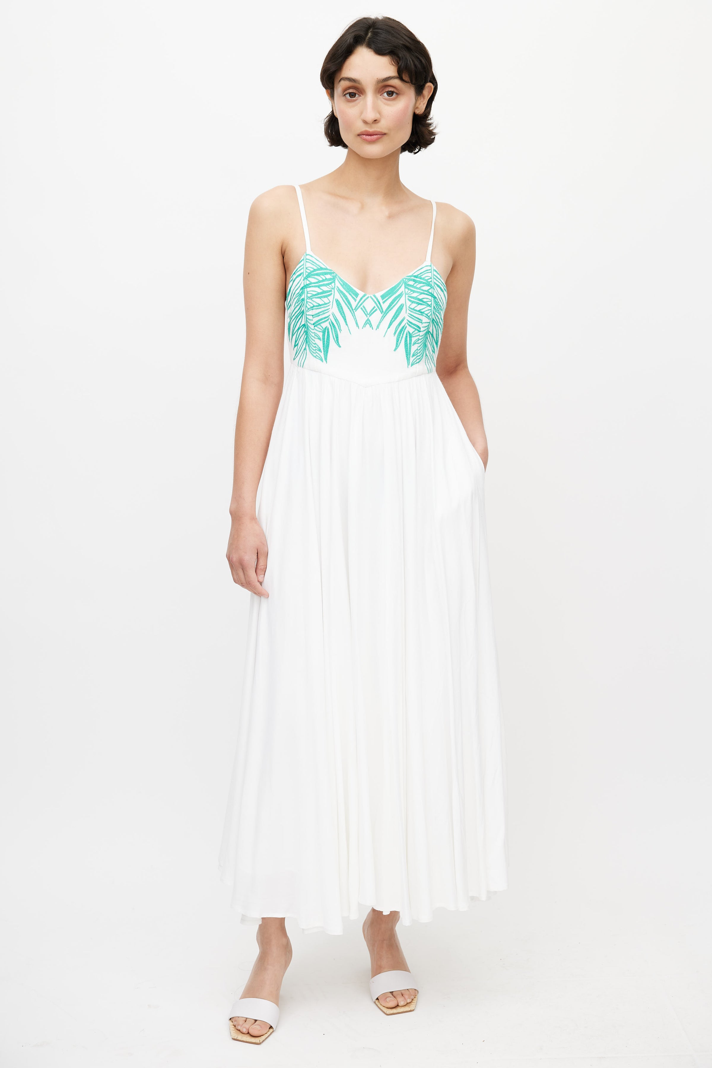 Mara Hoffman // White & Green Linen Embroidered Maxi Dress VSP Consignment Mara Hoffman // White & Green Linen Embroidered Maxi Dress VSP Consignment