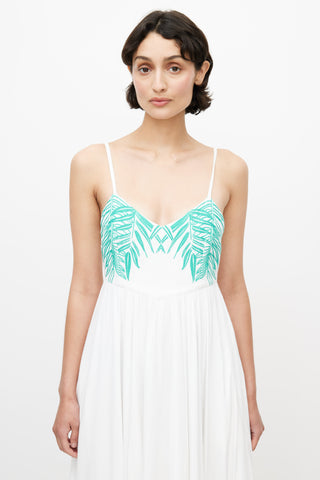 Mara Hoffman White & Green Linen Embroidered Maxi Dress
