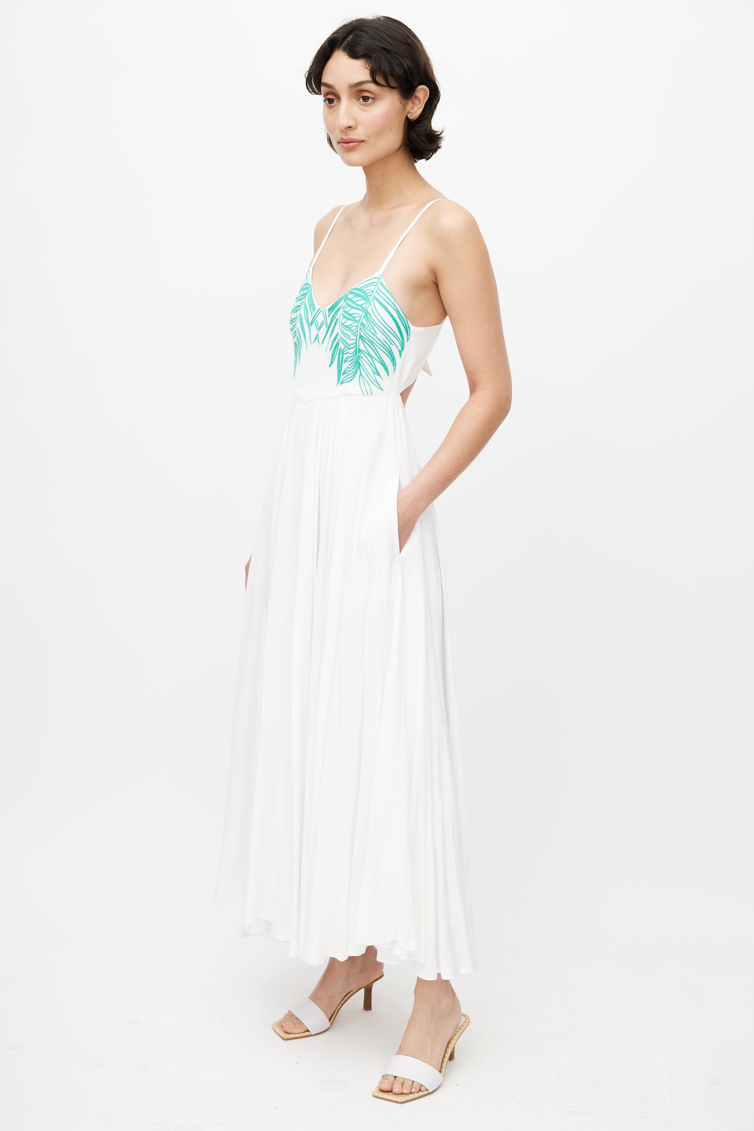Mara Hoffman // White & Green Linen Embroidered Maxi Dress VSP Consignment Mara Hoffman // White & Green Linen Embroidered Maxi Dress VSP Consignment