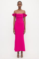 Marchesa Crepe Off Shoulder Maxi Dress