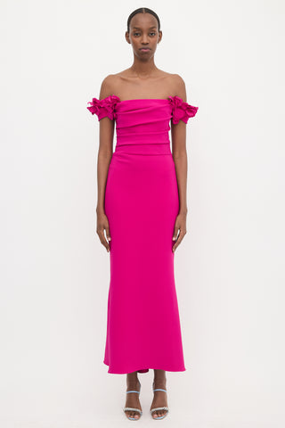 Marchesa Crepe Off Shoulder Maxi Dress