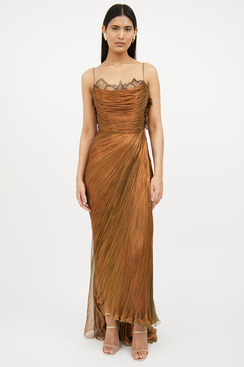 Green & Brown Metallic Sleeveless Gown