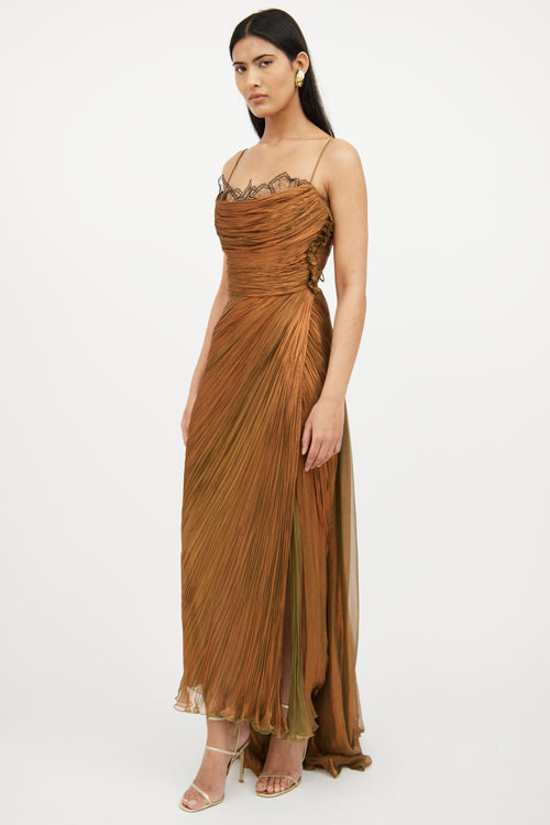 Green & Brown Metallic Sleeveless Gown