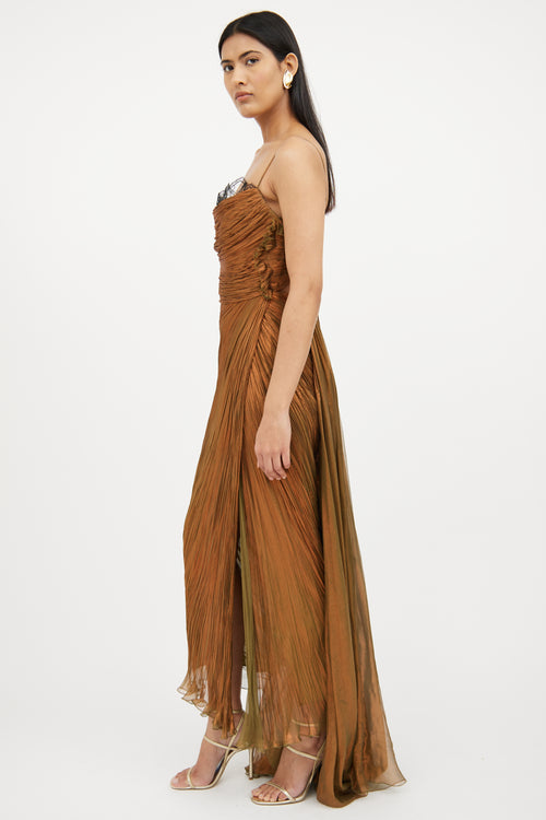 Green & Brown Metallic Sleeveless Gown