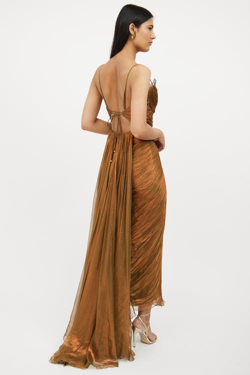 Green & Brown Metallic Sleeveless Gown