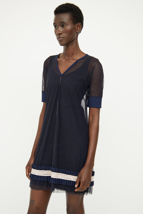 Marie Saint Pierre Navy Mesh Short Sleeve Dress