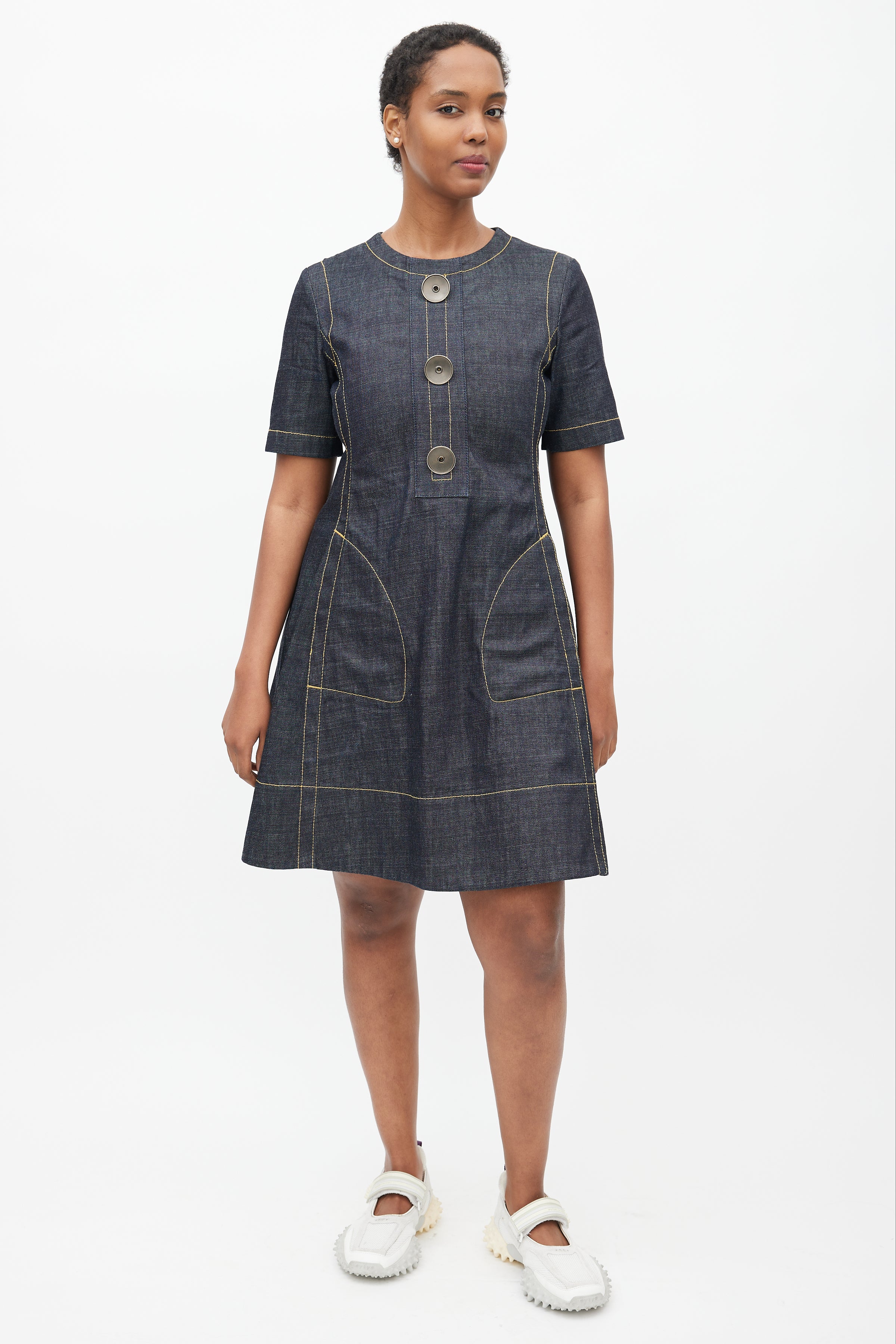 Marni // Navy & Yellow Denim Contrast Stitch Dress – VSP Consignment Marni // Navy & Yellow Denim Contrast Stitch Dress – VSP Consignment