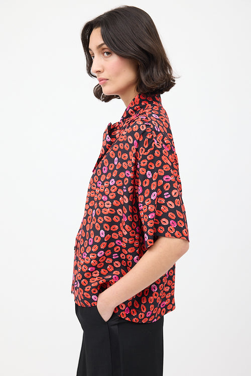 Marni Black & Red Silk Printed Short Sleeve Shirt