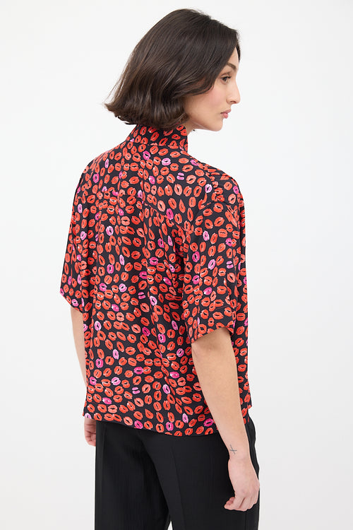 Marni Black & Red Silk Printed Short Sleeve Shirt