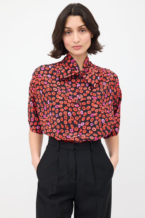 Marni Black & Red Silk Printed Short Sleeve Shirt