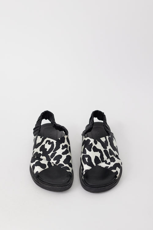 Marni Black & White Printed Satin & Leather Fussbett Sandal