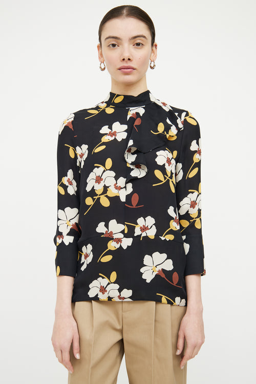 Marni Black & Multicolour Silk Floral Ruffled Top