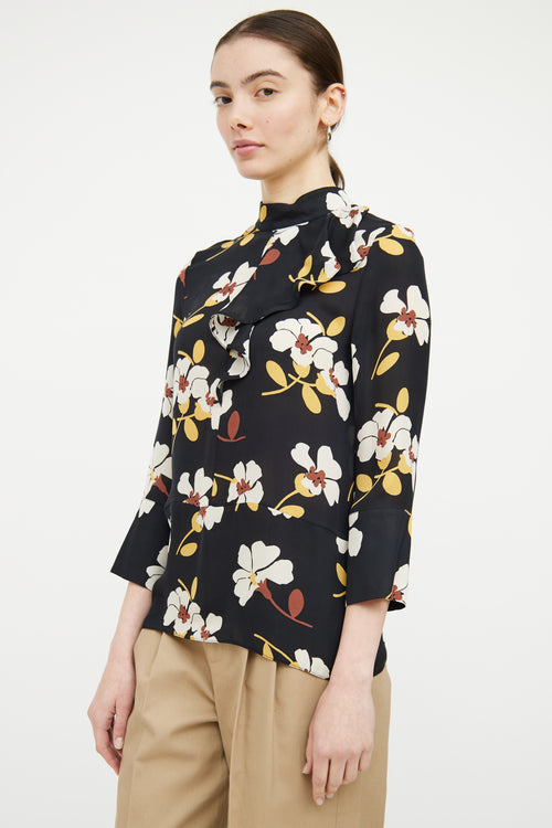 Marni Black & Multicolour Silk Floral Ruffled Top