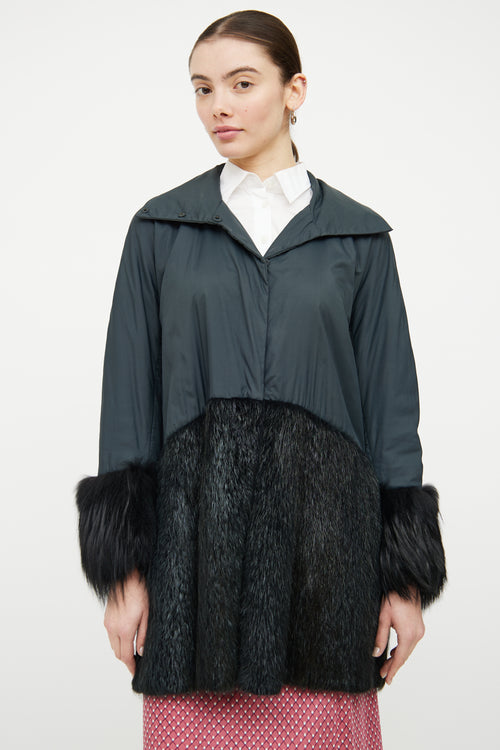 Marni Green & Black Fur Trim Coat