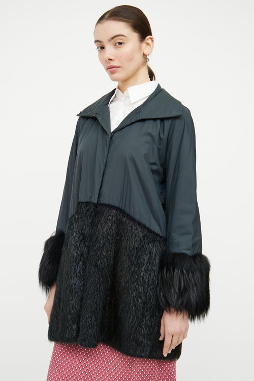 Marni Green & Black Fur Trim Coat