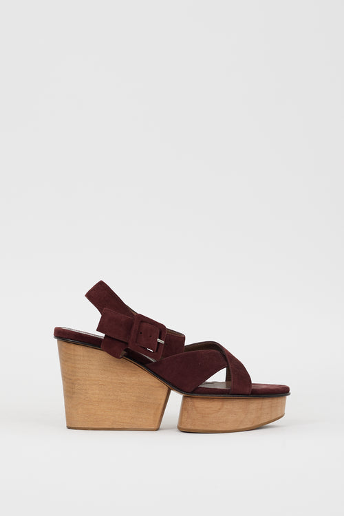 Marni Burgundy Suede & Wooden Platform Sandal