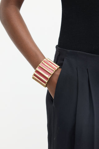 Marni Gold & Fuchsia Enamel Ribbed Wide Bangle Bracelet