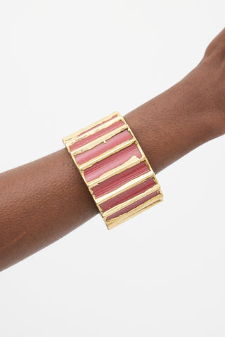 Marni Gold & Fuchsia Enamel Ribbed Wide Bangle Bracelet