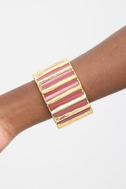 Marni Gold & Fuchsia Enamel Ribbed Wide Bangle Bracelet