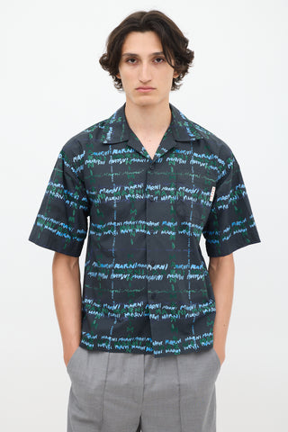 Marni Navy & Multicolour Cotton Script Short Sleeve Shirt