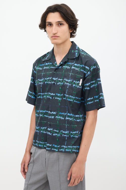 Marni Navy & Multicolour Cotton Script Short Sleeve Shirt