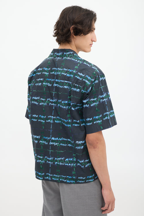 Marni Navy & Multicolour Cotton Script Short Sleeve Shirt