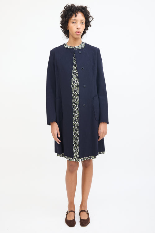 Marni Navy Wool Raw Edge Mid Length Coat