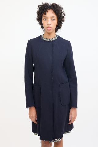 Marni Navy Wool Raw Edge Mid Length Coat