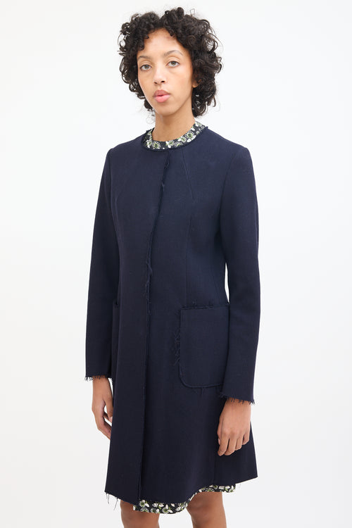 Marni Navy Wool Raw Edge Mid Length Coat