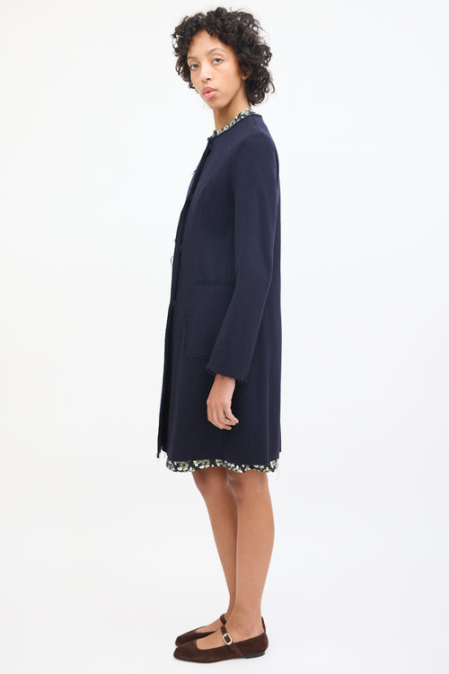 Marni Navy Wool Raw Edge Mid Length Coat