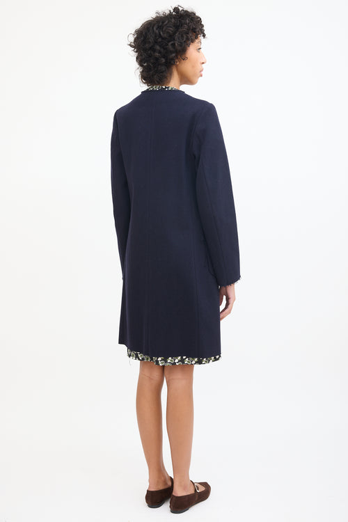 Marni Navy Wool Raw Edge Mid Length Coat