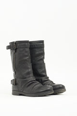 Marsèll Black Leather Moto Mid Calf Boot