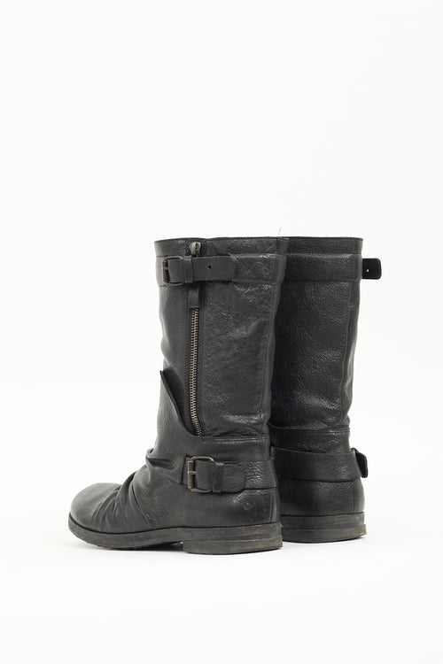 Marsèll Black Leather Moto Mid Calf Boot