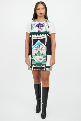 Mary Katrantzou White & Green Silk Shift Dress