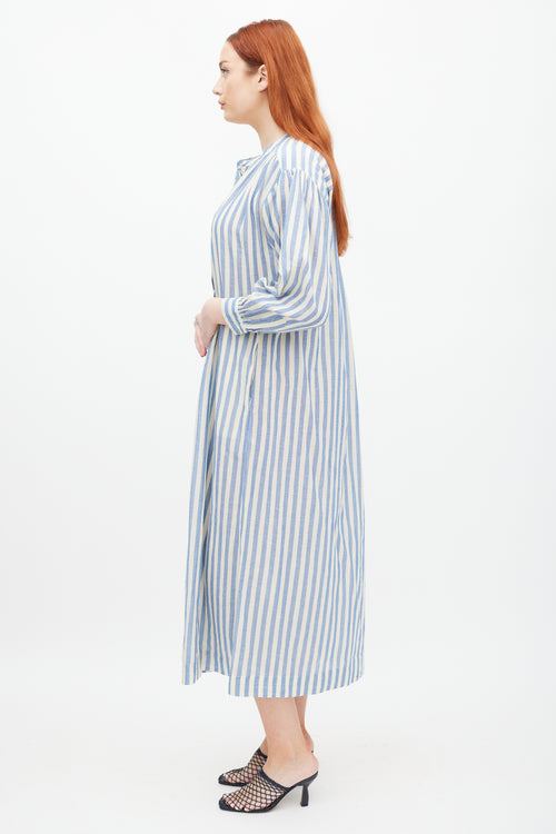 Masscob Cream & Blue Striped Gathered Dress