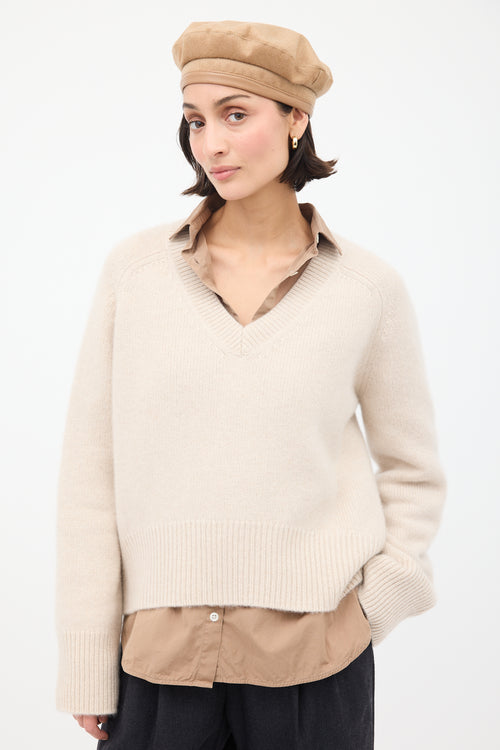 Max Mara Beige Wool & Leather Logo Beret