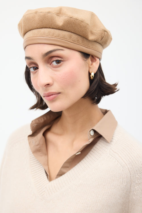 Max Mara Beige Wool & Leather Logo Beret