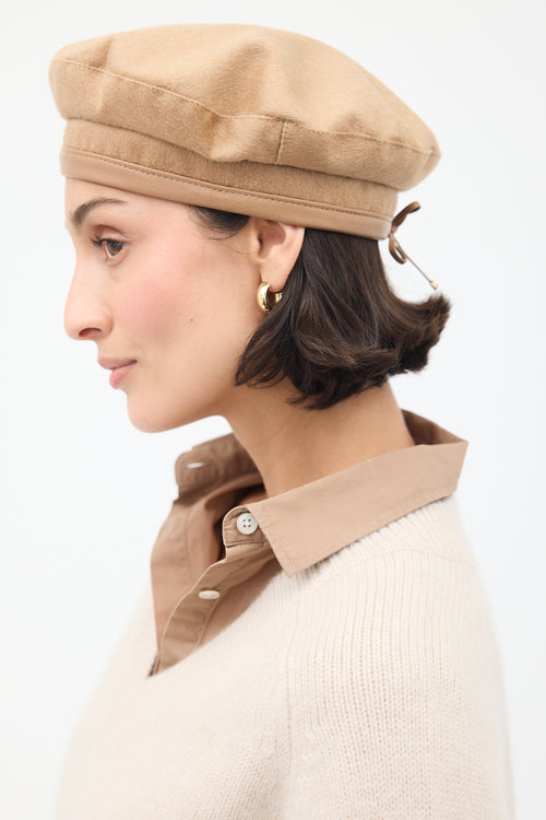 Max Mara Beige Wool & Leather Logo Beret