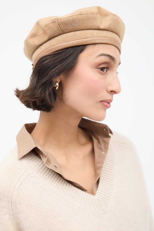 Max Mara Beige Wool & Leather Logo Beret