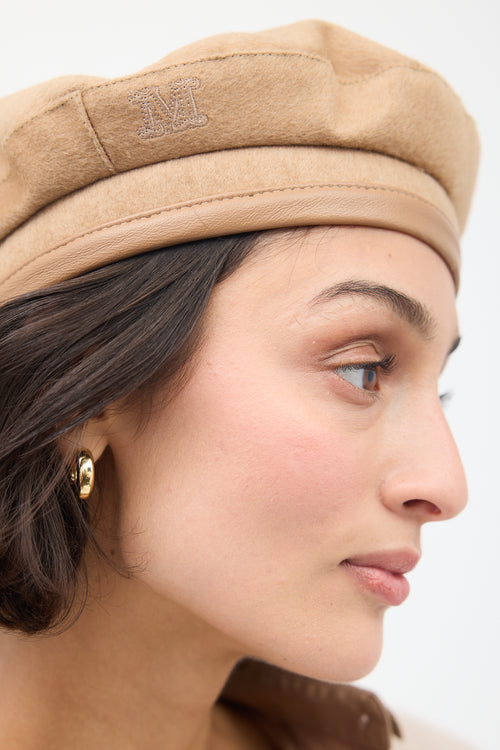 Max Mara Beige Wool & Leather Logo Beret