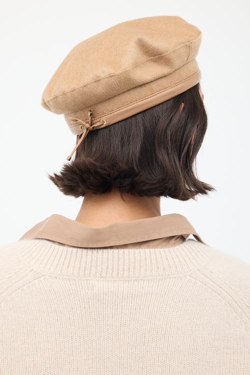 Max Mara Beige Wool & Leather Logo Beret