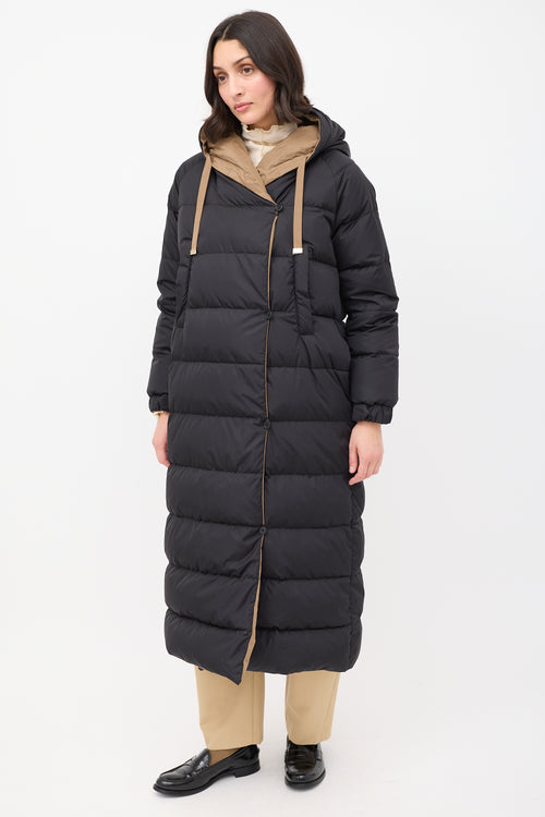 Max Mara Brown & Black Reversible Hooded Long Padded Coat