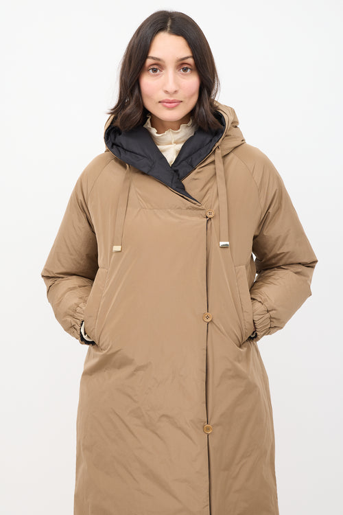 Max Mara Brown & Black Reversible Hooded Long Padded Coat