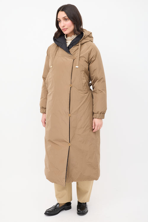 Max Mara Brown & Black Reversible Hooded Long Padded Coat