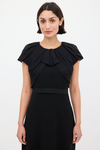 Max Mara Black Pleated Neck Ribbon Waist Dress