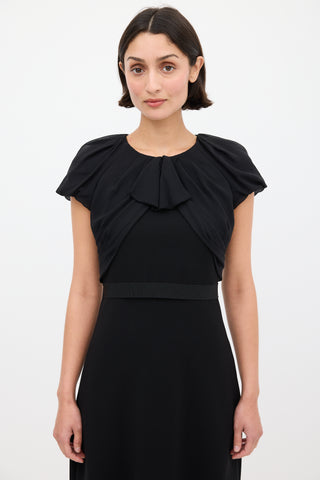 Max Mara Black Pleated Neck Ribbon Waist Dress