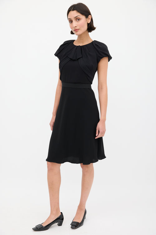 Max Mara Black Pleated Neck Ribbon Waist Dress